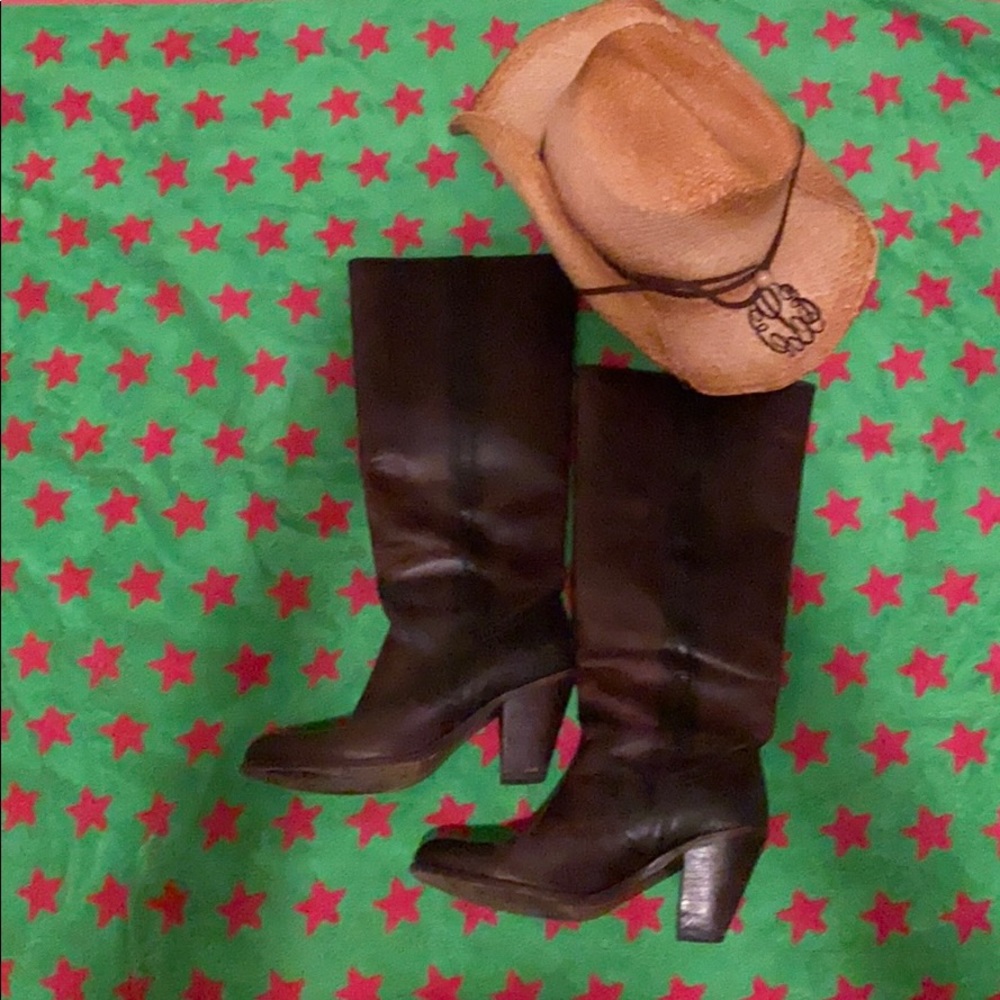 Frye boots stacked heel - dark brown 7.5